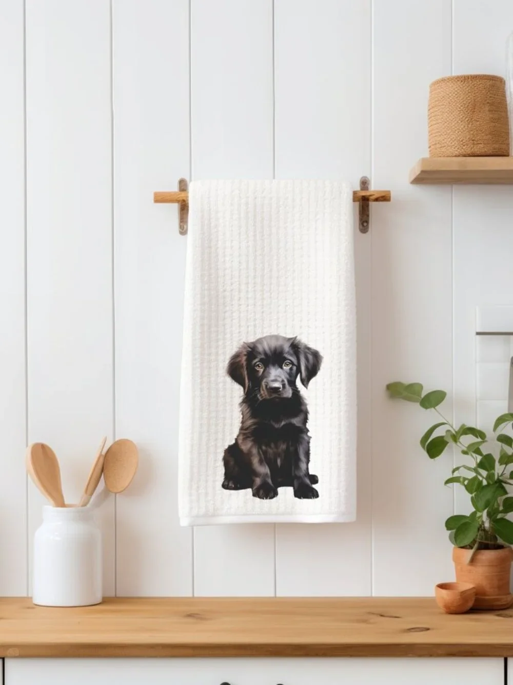 Flat Coated Retriever Puppy Waffle Weave Decorative Kitchen Tea Towel